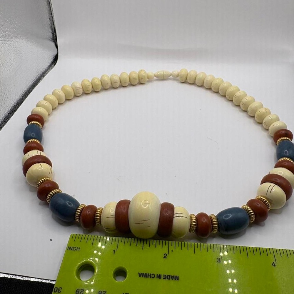 Vintage Carved Bone Style Bead Necklace Cream Rust Blue Boho Statement Jewelry